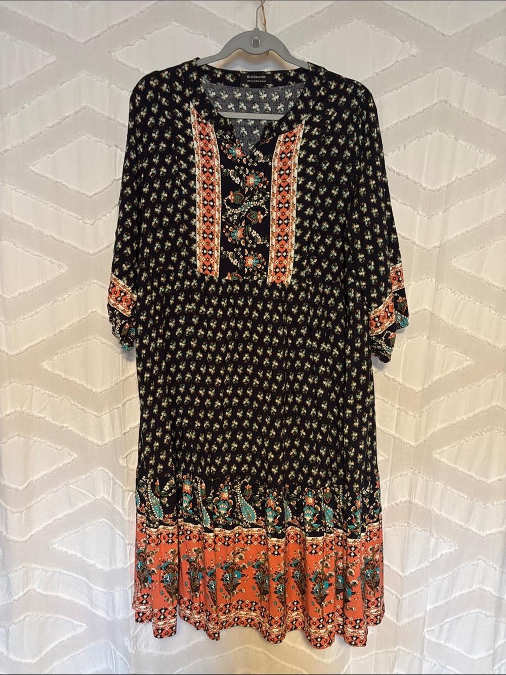 BloomChic Dark Blue Midi Dress with Coral and Teal Border Details